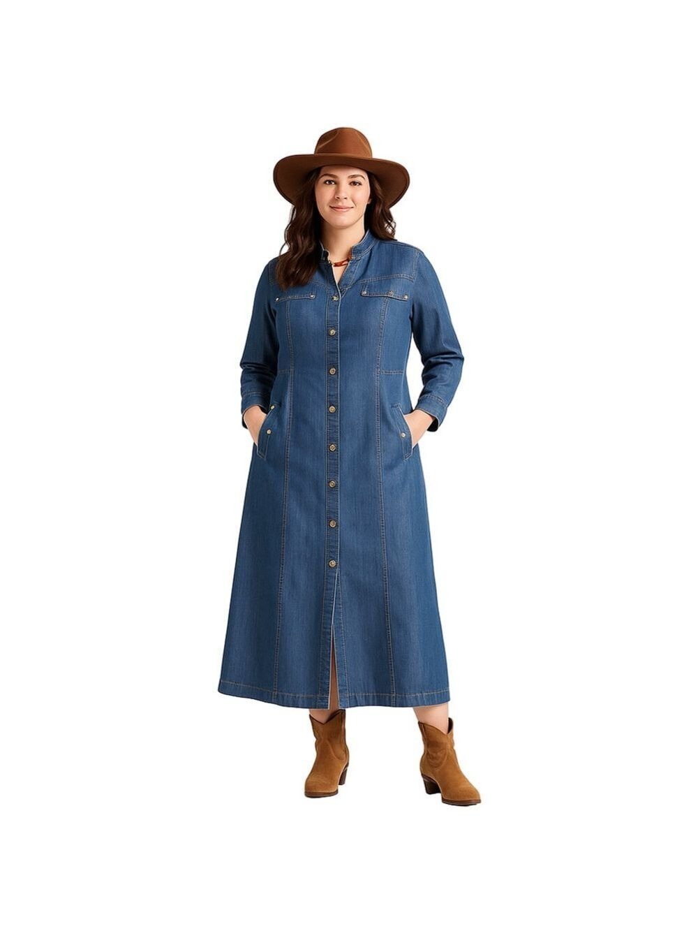 Vintage 1970s Denim Maxi Shirt Dress Western Rodeo Ankle Length Sheath ~Size M/L
